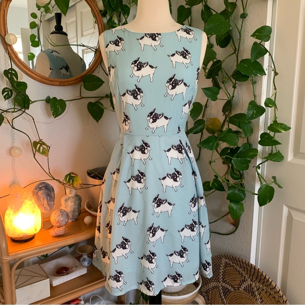 🐶🩵Frenchie A-Line Sleeveless Dress W/ Back V-Line, Zipper, Waist Tie Sash🐶✨🩵